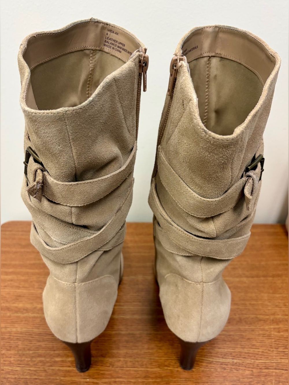 Kelly & Katie Vida Mid Calf Slouchy Leather Suede Heeled Boots Tan Round Toe 9 - Picture 8 of 16